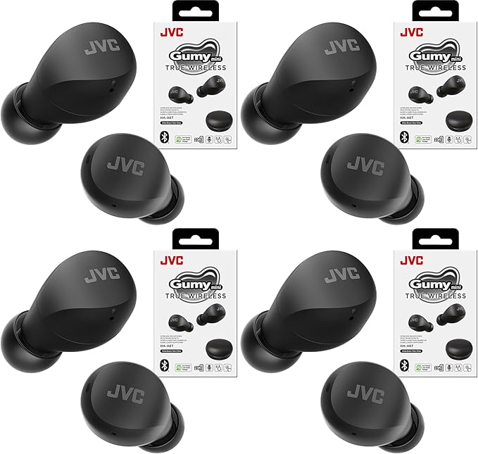 JVC Compact and Lightweight Gumy Mini True Wireless Earbuds Headphones, Long Battery Life (up to 23 Hours), Sound with Neodymium Magnet Driver, Water Resistance (IPX4) - HAA6TB (Black) (Pack of 4)