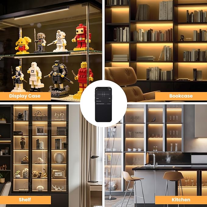 Black Shelf Lights, LED Bookcase Lighting Compatible with Alexa, WiFi Dimmable 2700K Under Shelf Lighting for Bookshelf, Display Case, Cabinets with App, Remote, Memory Function (8Pack 12In)