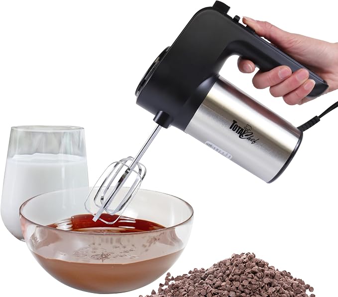 Total Chef TCHM02 6-Speed Hand Mixer, 250 Watts with Turbo Boost, Beaters and Dough Hooks,Multi-Function Mixing Stainless Steel, Countertop, Black/Gray