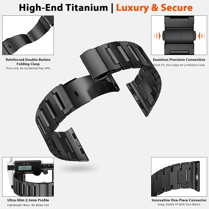 i-Boruly Grade 5 Titanium Band for Apple Watch Ultra 3/2/1 (49mm), Series 11 10 9 8 7 6 5 4 SE (46/45/44mm) - Waterproof Lightweight Metal Strap with Adjustment Tool,Men Durable Business Design (Black Color)