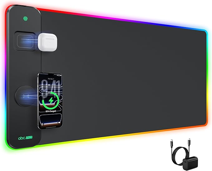RGB Gaming Mouse Pad with Wireless Charging for Phone/AirPods, 31.5"x15.8" Large, 24 Light Effects, Non-Slip Base, Waterproof Ultra-Smooth Surface, with Adapter