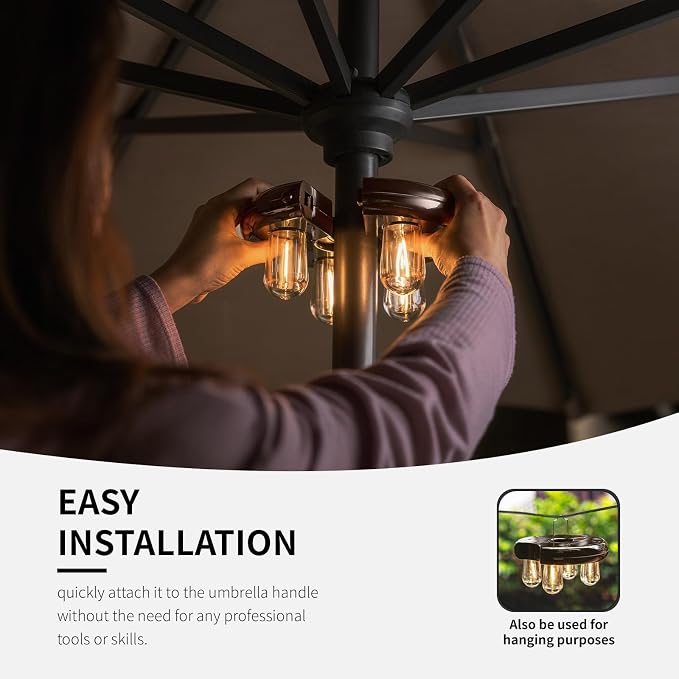 Patio 2 Packs Umbrella Light with LED Edison Bulbs, Battery Operation Cordless-Outdoor Umbrella Pole Lights with 2 Lighting Modes for Garden，Patio, Backyard, Camping or BBQ - Brown