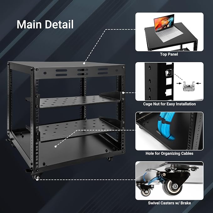 Upgraded 10U Server Rack - 19.7”L x 18.8”W x 23.4”H Open Frame Network Rack, Wall-Mountable & Freestanding with 4 Swivel Casters & 2 Shelves, for Computer/Data/IT/Stereo Equipment, New Model