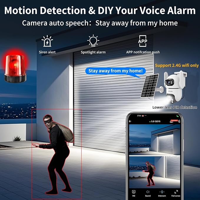 Dual Lens Security Cameras Wireless Outdoor for Home Security, 2K Ultra HD Resolution, 2.4GHz WiFi, 2-Way Audio, Color Night Vision, Motion Detection, PTZ 360 Coverage, No Monthly Fee, IP65 Waterproof