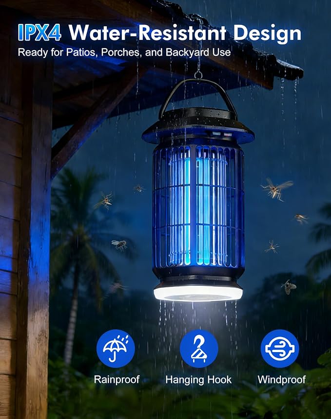 Bug Zapper Outdoor, 4000V Electric Mosquito Zapper, Fly Killer with Built-in Night Light, Insect Fly Trapper with Waterproof ABS Shell for Home, Patio & Garden, Indoor/Outdoor Use, Black