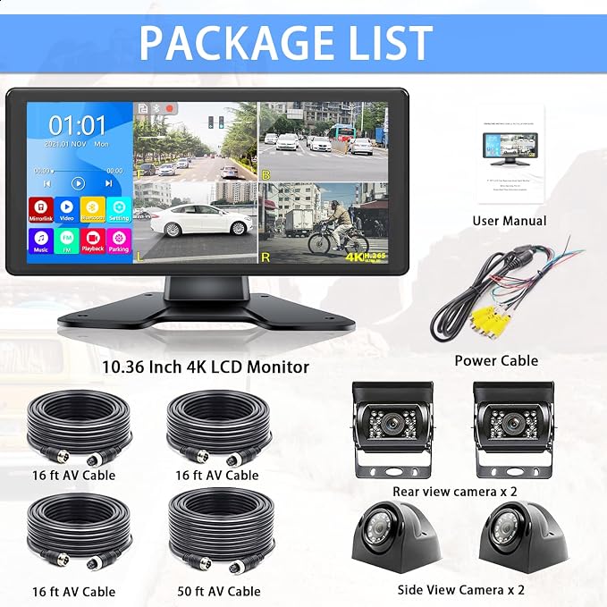 RV Backup Camera System with 10.36’’ 4K Monitor for RV Truck Bus Trailer with 4 Rear/Side View 1080P HD Cameras 4 Splits Touch Screen DVR Recording IP69 Waterproof Bluetooth Music Video Avoid Blind