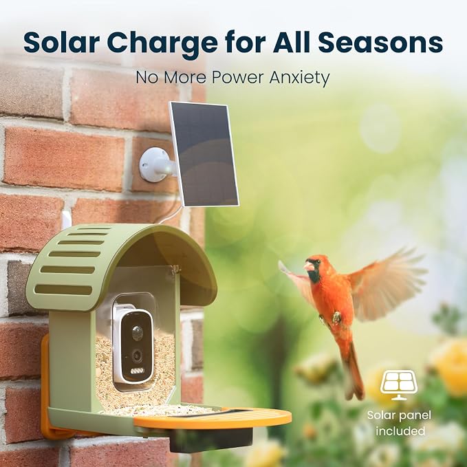 Smart Bird Feeder with Camera, 2.5K UHD Solar Powered WiFi Bird Watching Camera, AI Bird Species Identification, Instant Alerts, IP66 Waterproof Outdoor Wild Bird Feeder, Gift for Dad, Green