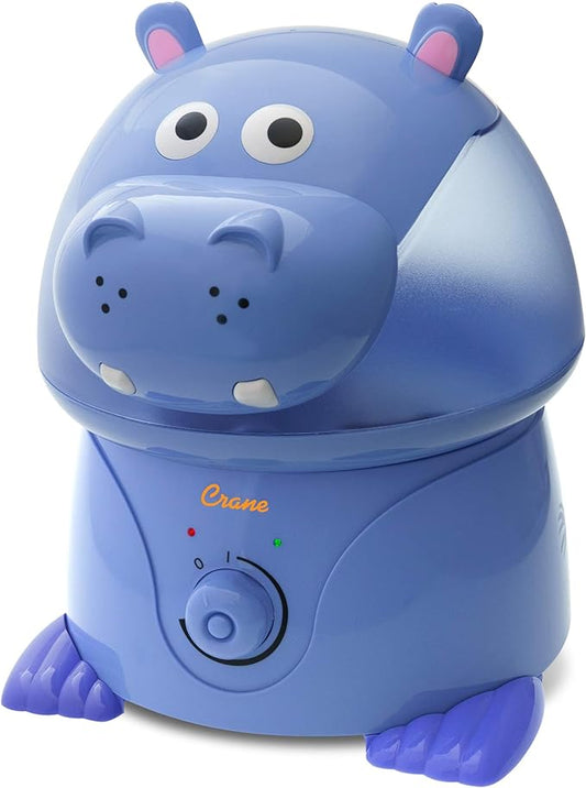 Crane Animal Humidifier for Kids Bedroom, 1 Gal. Cool Mist Humidifier with Adjustable Settings, Optional Filter, Auto Shut-Off, Hippo