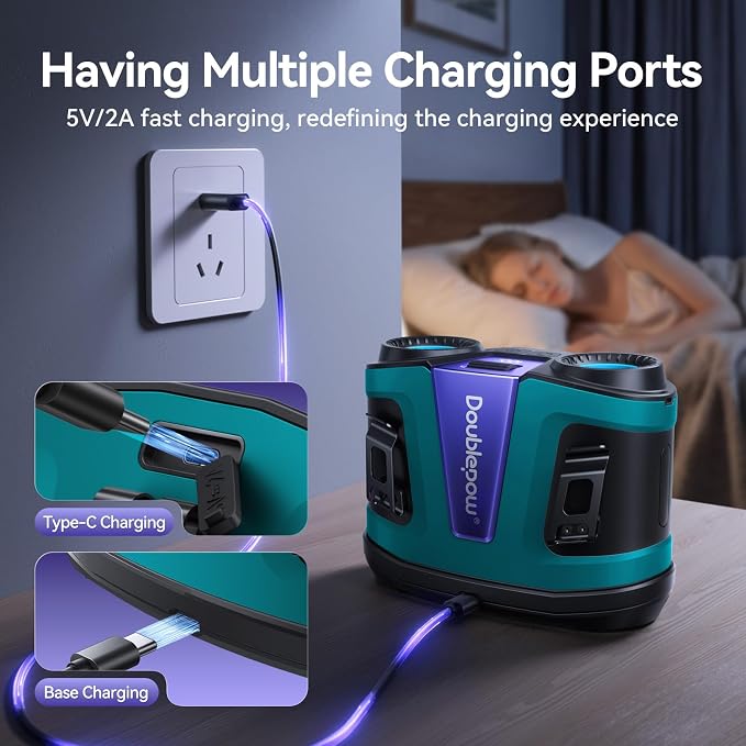 Doublepow 24000mAh Portable Waist Fan, Personal Fan, Dual Air Ducts Motors, 2026 Upgrade Equipped Charging Dock Storm Mode 1-100 Roller Adjustmen, Wearable Neck Clip On Belt, for Outdoor, Work (Blue)