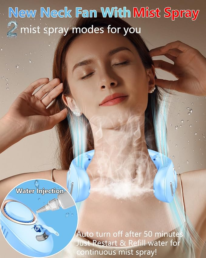 Neck Fans with Water Spray Misting,Portable Neck Fans that Blow Cold Air Rechargeable with LED Display, Adjustable 5 Speeds Powerful Soundless Compact Cooling Neck Hanging Fan for Travel Airplane Blue