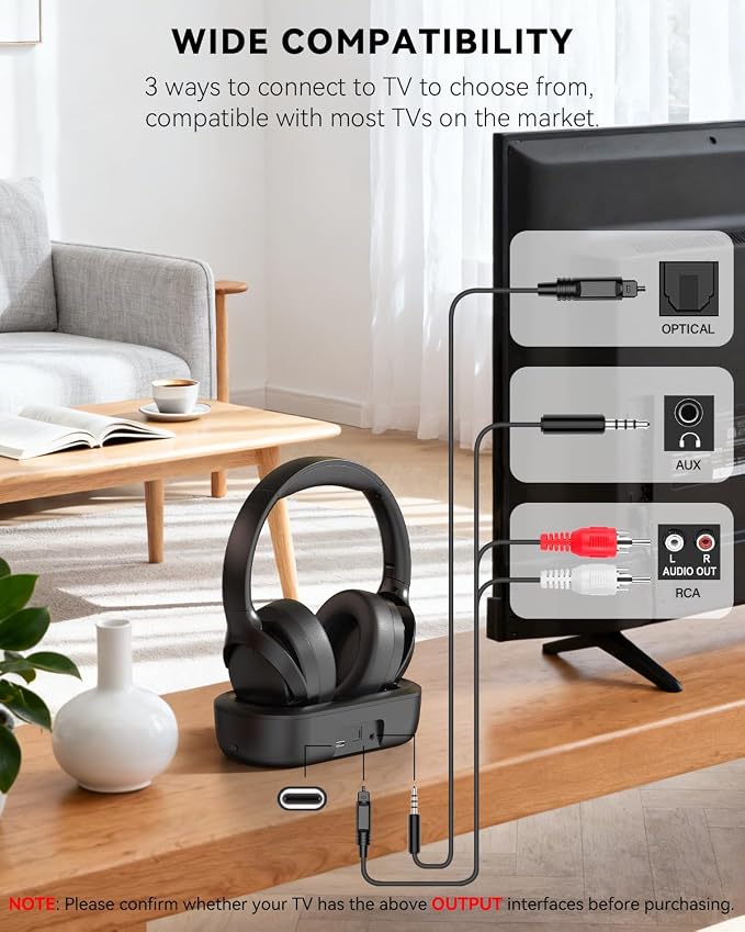 ANSTEN Wireless Headphones for TV Watching with Digital Optical RCA AUX 3.5 MM Transmitter Charging Dock, Over Ear Headset for Seniors, Bluetooth Headphones No Delay, 30 Hrs Playtime, Plug and Play