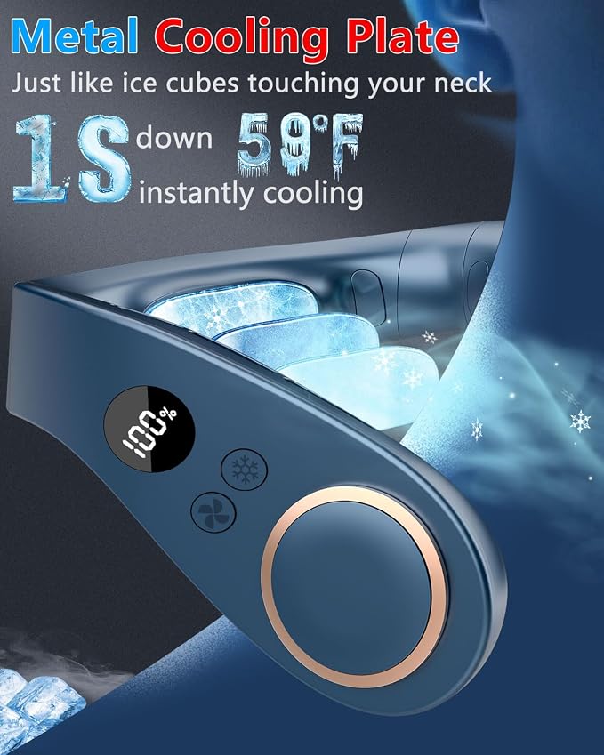 Neck Fan with Cooling Plate,Powerful Cooling 5500mAh 24H Long Battery,5 Speeds Portable AC Cooler Function,LED Display USB Hands Free Bladeless Wearable for Men Women Kids Office Home Travel Azure
