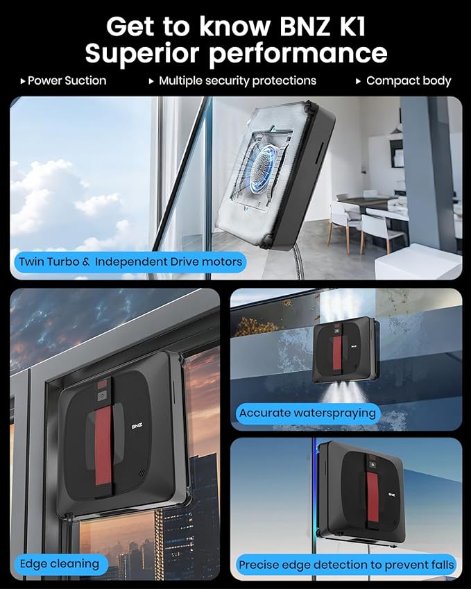 BNZ Window Cleaning Robot, Nexus Ultra, Black, Robotic Vacuum Cleaner for Windows, Mirrors, Shower Doors