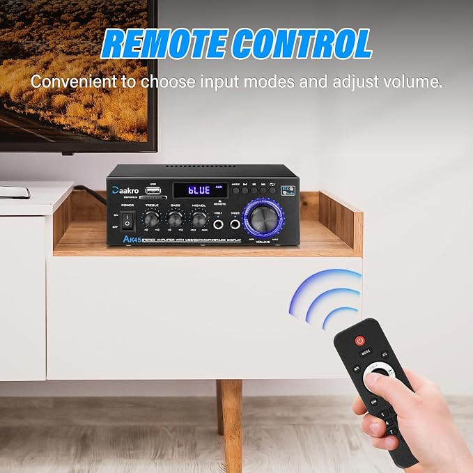 Daakro AK45 Stereo Audio Amplifier,300W Home 2 Channel Wireless Bluetooth 5.0 Power Amplifier System, Home Amplifiers FM Radio, USB, SD Card, with Remote Control Home Theater Audio Stereo System
