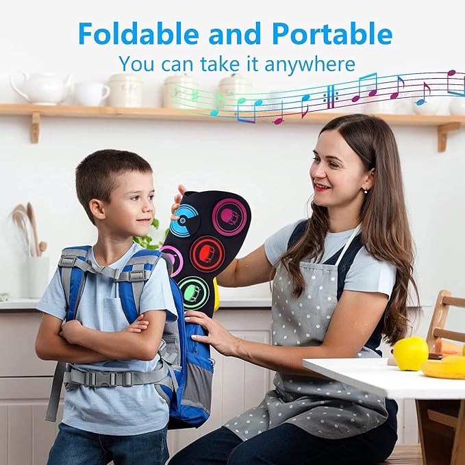 Electric Drum Set, 9 Drum Practice Pad, Roll-up Electronic Drum Pad with Headphone Jack Built-in Speaker Drum Sticks Foot Pedals, Gift for Kids