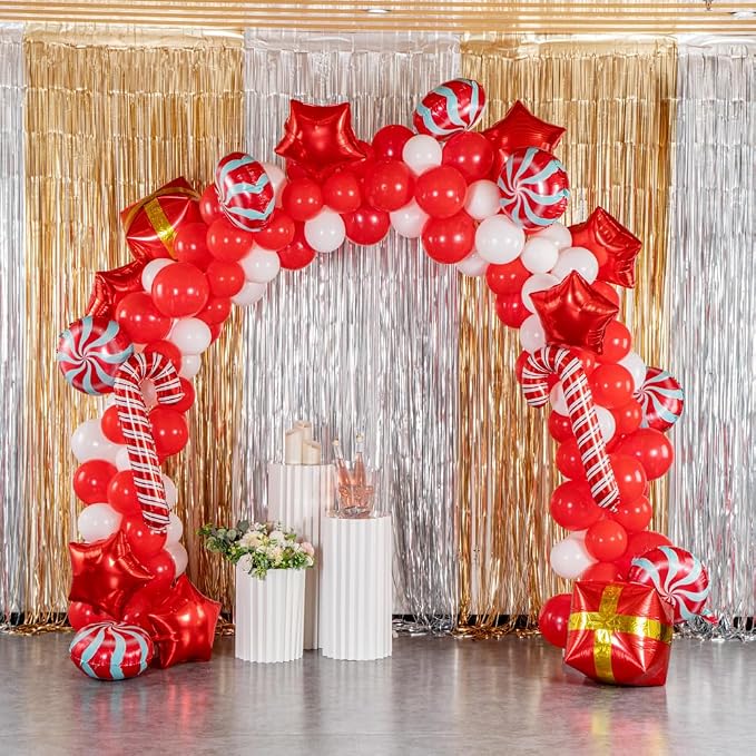Restaurantware-Balloonify Christmas Balloon Arch Kit, 1 Holiday Decoration Kit - 138 Balloons, With Chain, Red And White Latex Balloon Arch Kit, Includes Glue Dots, Ribbon, Knot