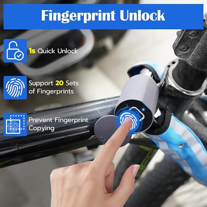 Eseesmart Bike Chain Lock, Fingerprint Bike Locks Heavy Duty Anti Theft, 3.28 Feet Security Bike Locks with APP, Waterproof Smart Cable Lock for Bike, Bicycle, Scooter, Motorcycle, Door, Gate, Fence