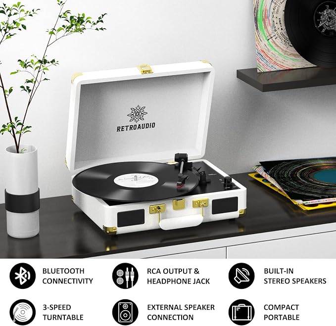 Vinyl Record Player 3-Speed Bluetooth Portable Suitcase Belt-Driven Record Player with 2 Built-in Stereo Speakers Vinyl Vintage Turntable Phonograph Records Player with RCA Line Out, AUX Out (White)