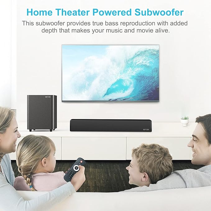 BESTISAN Powered Subwoofer, Deep Bass Sub, Down Firing Subs, Easy Setup with Home Theater System, Receiver, Speakers, Coaxial Cable Included, RCA, LFE, AUX Input, High-Level Speaker Input & Output