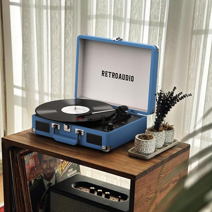 Vinyl Record Player Bluetooth Vintage Portable Suitcase Turntable with Built-in Speakers 3-Speed Belt-Driven Record Player Support RCA Output and Headphone Output