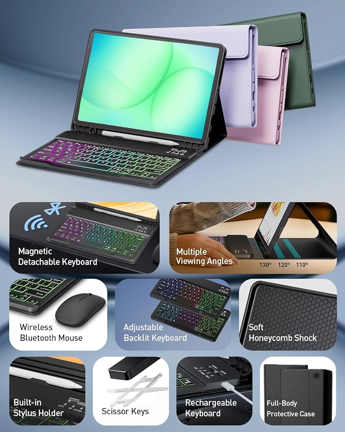 Keyboard Case for Samsung Galaxy Tab A11 Plus 11 Inch 2025 / A9+ Plus 2023 Tablet, Detachable Rainbow Backlit Wireless Keyboard and Mouse, Slim Stand Cover with S Pen Holder (Black)