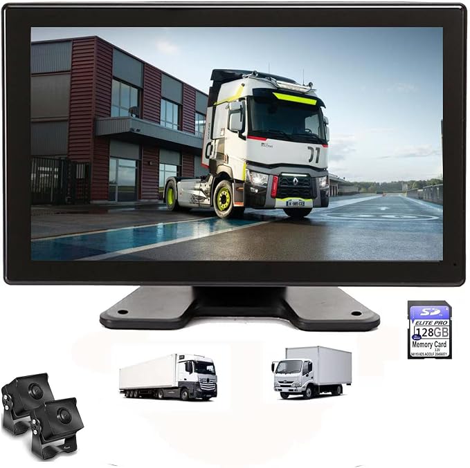 10.6" Wired Backup Camera System with Touch Screen Monitor for Truck RV Bus Trailer, 2 Reverse Rear View & Side View AHD1080P Camera, Night Vision & IP68,4 Split Screen, DVR Recording,Plug and Play