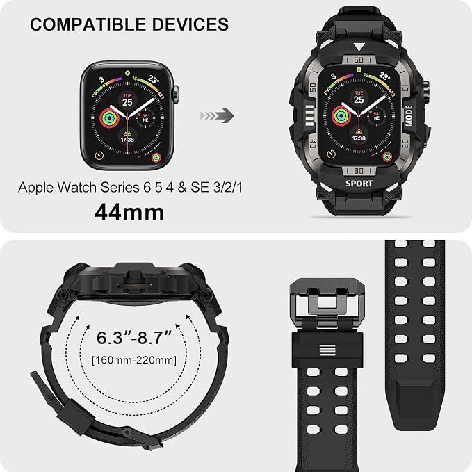 DABAOZA Rugged Case with Band Compatible with Apple Watch 44mm, for iWatch Series 6/5/4 & SE 3/2/1,Military Grade Shockproof Bumper and Men's Tactical Heavy Duty Strap (Black/Black,44MM)
