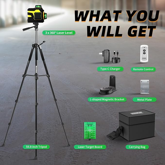 IKOVWUK Laser Level with Tripod, 3x360° Cross Line Laser for Construction and Picture Hanging, Level Tool with 5200 mAh Rechargeable Battery, Compact Adjustable 59.8-inch Tripod, Remote Control