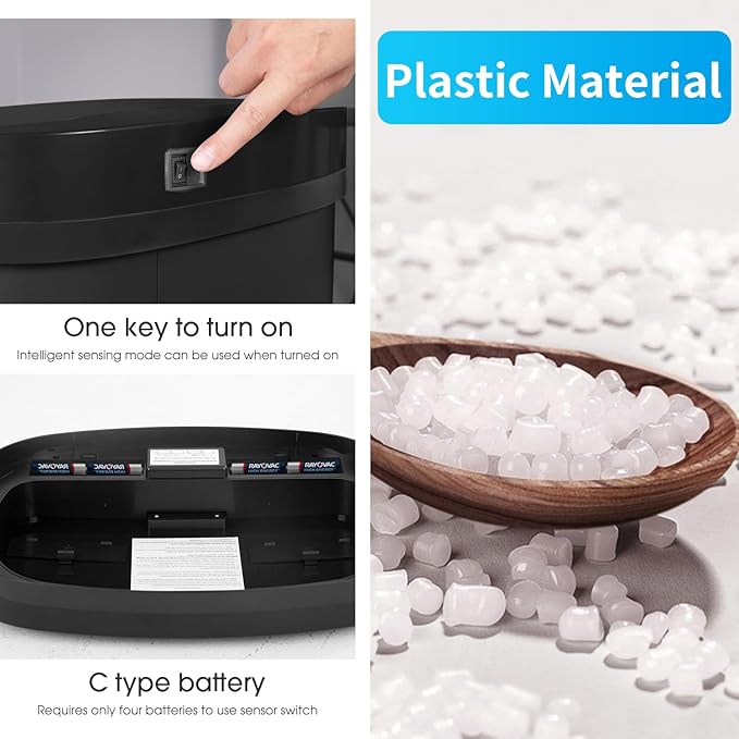 BestOffice Black Plastic Touch Free High-Capacity Garbage Can with Lid, 49L/13G, Rectangular, Quiet Close, Kitchen, Bedroom, Bathroom, Office