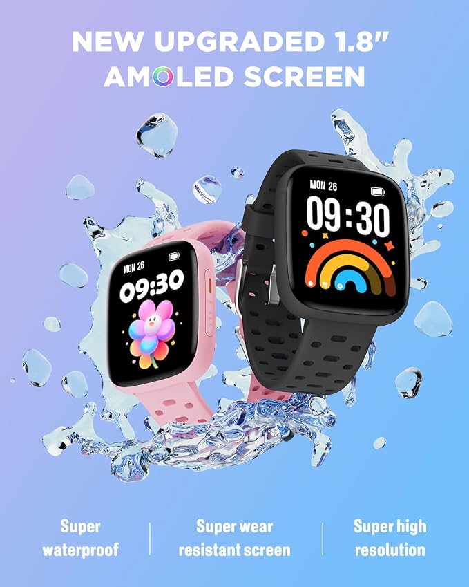 BIGGERFIVE Kids Watch No Phone Needed, 1.8" Amoled Smart Fitness Watch Pedometer, Heart Rate, Sleep Tracker, 30m Waterproof, Step Counter, Puzzle Games, 100+ Dials, Gifts for Boys Girls 5-16, Black