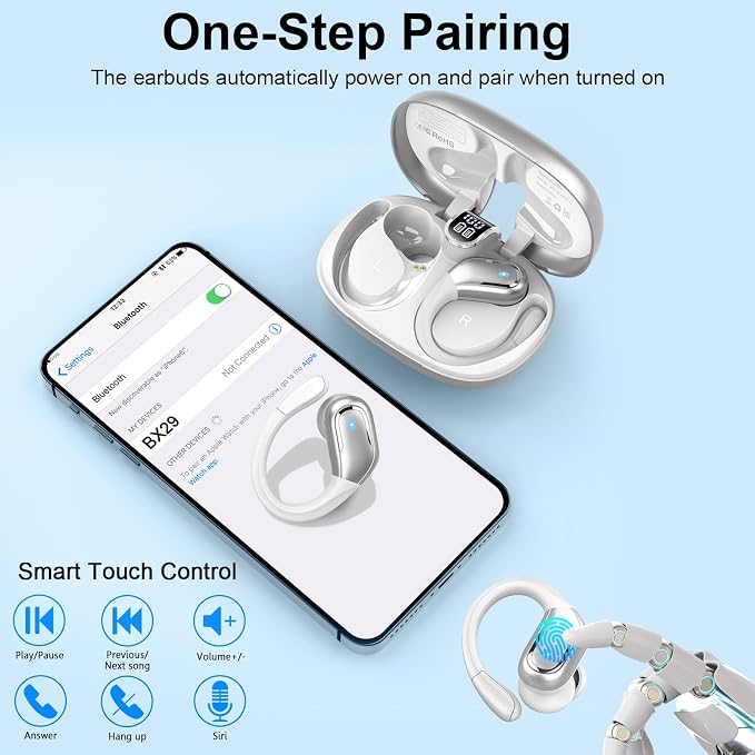 Wireless Earbuds, 75hrs Bluetooth 5.4 Headphone Sport, 2026 Bluetooth Earbuds Deep Bass Over Ear Buds with Earhooks, ENC Noise Cancelling Earphone Mic, IP7 Waterproof for Workout/Running/Gym Sliver