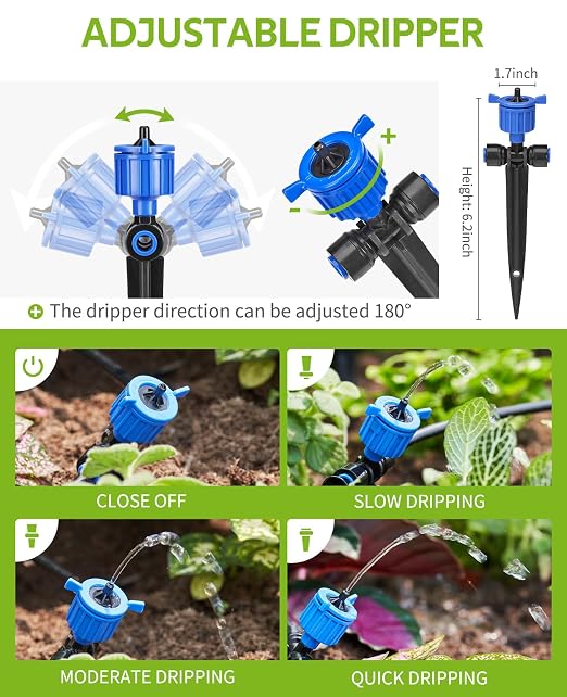 HIRALIY 100FT Pressure Compensating Irrigation System with Garden Timer, New Quick Connector Garden Watering System, Irrigation Kit for Plants, Watering Regularly by Timer