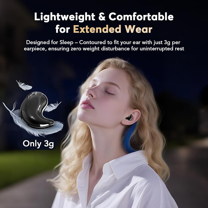 Sleep Earbuds for Side Sleepers, Invisible Flat Bluetooth Sleeping Earbuds, Zero Pressure White Noise Sleep Headphones, No Lights or Alerts, Tiny Hidden Earbuds for All Night Undisturbed Sleep