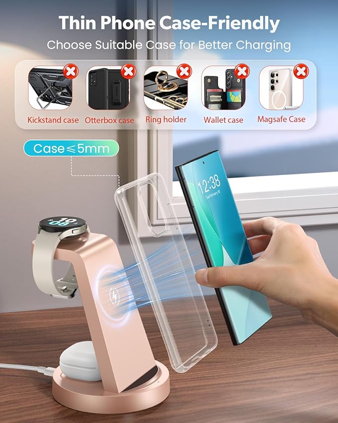 Wireless Charger for Samsung: 3 in 1 Wireless Charging Station for Samsung Galaxy Watch 8 7 6 5 4 3 Pro Classic Galaxy Buds - Rose Gold