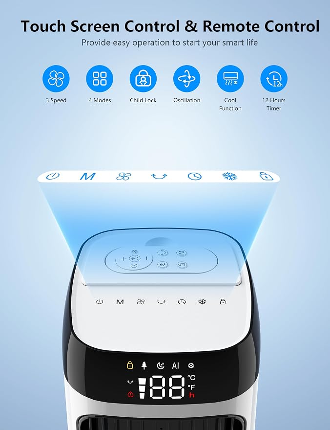 PNTCK 41" Evaporative Air Cooler Swamp Cooler with 3 Speeds, 5 Modes, 12H Timer, Remote, 80° Oscillation, LED Display, Bladeless Tower Fan Cooling Fan for Bedroom Office Large Room Indoor Use