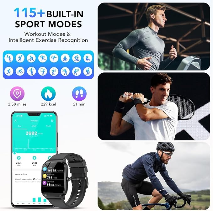 Smart Watch for Men Women,1.85" HD Fitness Tracker with Bluetooth Calls/ AI Voice Control, 120+Sports Modes, 24/7 Heart Rate/Sleep Monitor, Pedometer, Calories, Waterproof Smartwatch for Android iOS