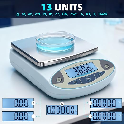 Lab Scale High Accuracy,13 Unit 0.01g High Precision Digital Analytical Balance, Electronic Laboratory Precision Gram Scale Digital Kitchen/Jewelry/Scientific Scale (3000 x 0.01g)