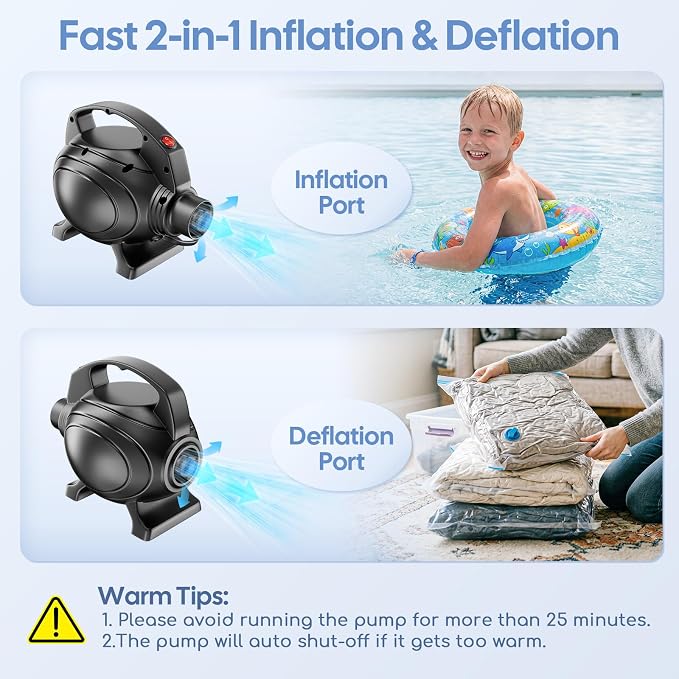 Electric Air Pump for Inflatables, Air Mattress – 500W/650W Quick-Fill Inflator/Deflator with 4 Nozzles, Portable AC 110-120V for Gymnastics Mat, Tumbling, Air Bed, Pool Floats