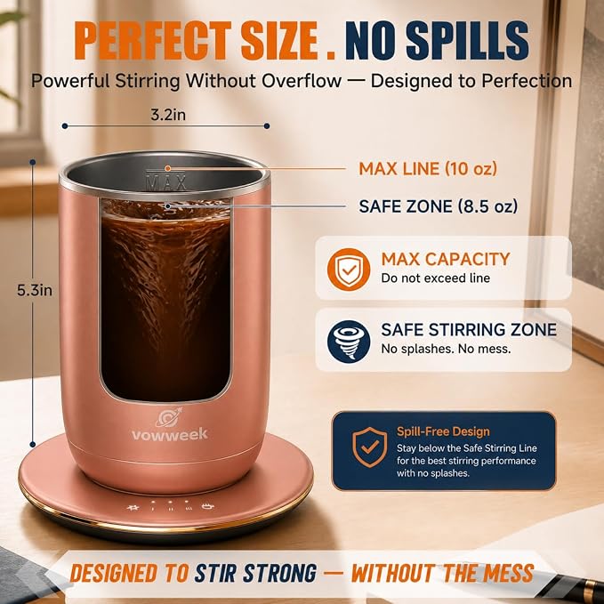 Self Stirring Heated Coffee Mug, 10 oz Auto Magnetic Mixing Cup, DustyRose | 304 stainless steel interior. Includes 3 heat settings, 8H auto shut-off, plug-in base for home office desk