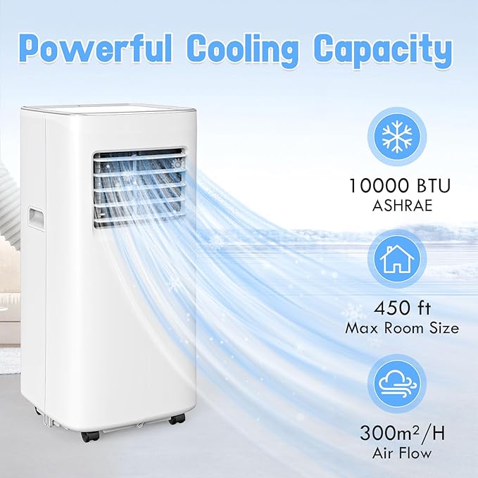 10000 BTU 3-IN-1 Portable Air Conditioner, Cools up to 450 Sq.Ft, Portable AC with Remote, LED Display, 24H Timer, Installation Kits & Screwdriver, No Wall Required, Ideal for Home & Office