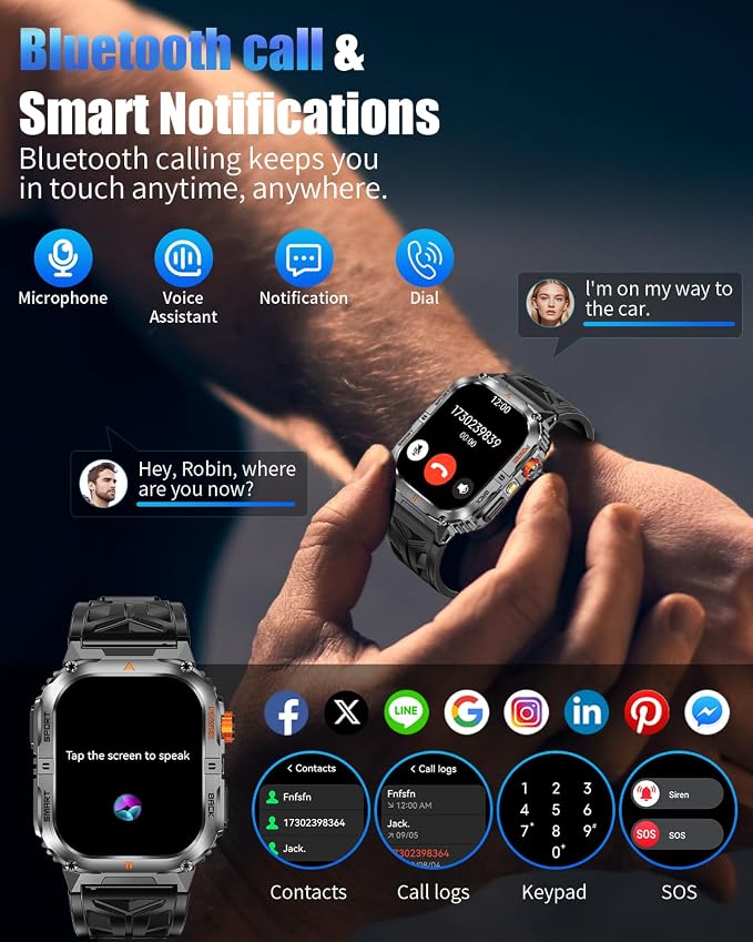 Military Smart Watch for Men, 2.01" Smartwatch with 1200mAh Battery, Flashlight, Answer/Make Calls, Heart Rate/Sleep Monitor 100+ Sport Modes Fitness Tracker for Android/iPhone (Black 03)