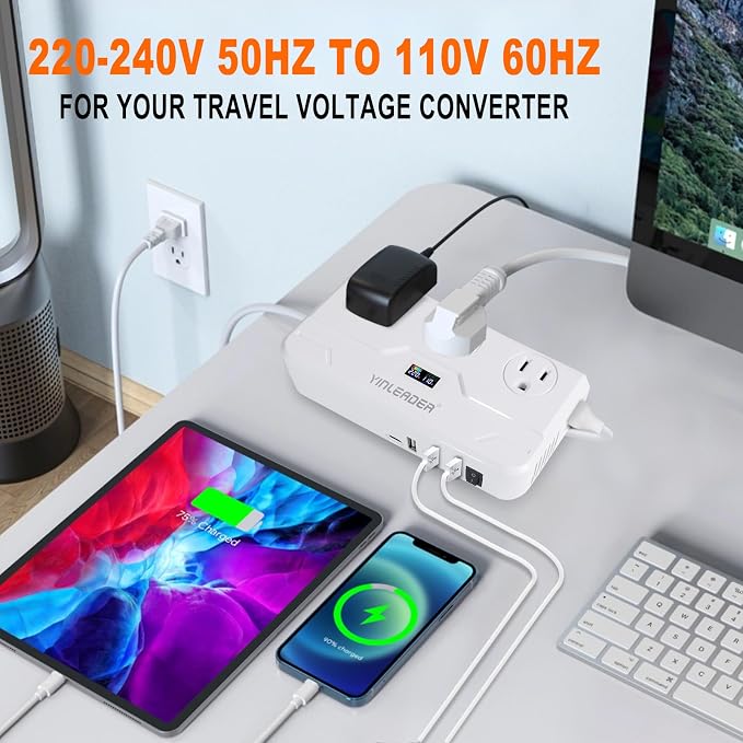 Yinleader Step Down 220V to 110V Voltage Converter Travel Adapter for Hair Straightener/Curling Iron with USB-C (20W PD) and UK/AU/EU Worldwide Plug Adapter (250W)