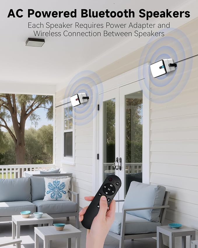 250W Outdoor Bluetooth Speakers, Wireless Sync Between Speakers, AC Powered, Powerful Bass, Wall Mount for Patio, Porch, Gazebo, Garage, 2-Pack, White(MZ-632)