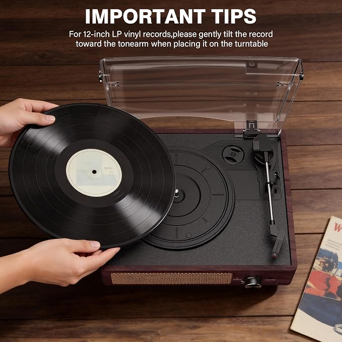 Vinyl Record Player Turntable with Built-in Bluetooth Receiver & 2 Stereo Speakers, 3 Speed 3 Size Portable Retro Record Player for Entertainment and Home Decoration