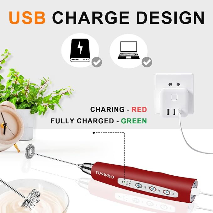 YUSWKO Red Handheld Milk Frother Wand for Coffee, Rechargeable Electric Whisk with 3 Heads 3 Speeds Drink Mixer Coffee Frother For Latte, Cappuccino, Hot Chocolate, Egg