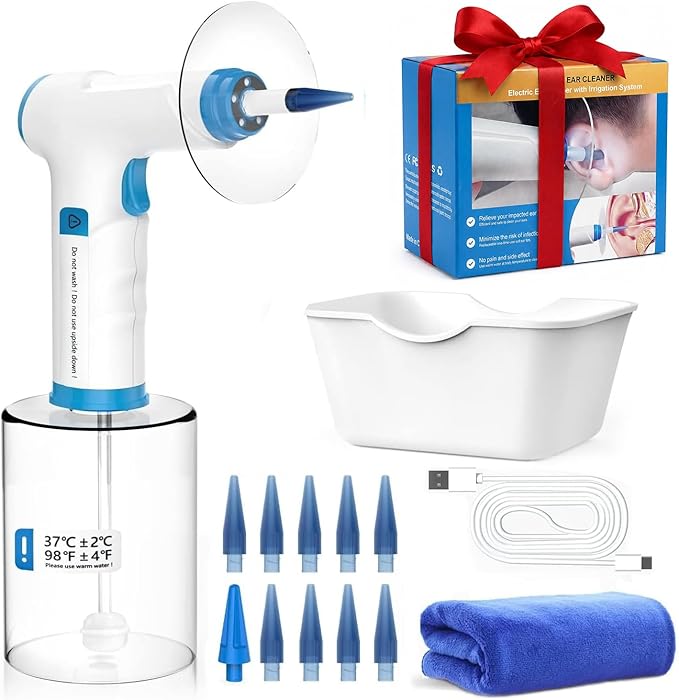 Temodu Electric Ear Wax Removal Kit, Rechargeable Earwax Remove Removal Ear Irrigation System, and Effective Clean Ear, Features Disposable Tips & Ear Catch Basin (9+1 Disposable Tips) (Blue)
