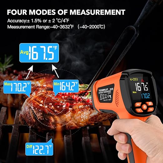 Infrared Thermometer Temperature Gun, -40℉-3632℉, High Temp Thermometer with Thermocouple Probe, Non-Contact 50:1 Pyrometer Dual Laser Thermometer Gun for Engine, Kiln, Forging, Industrial