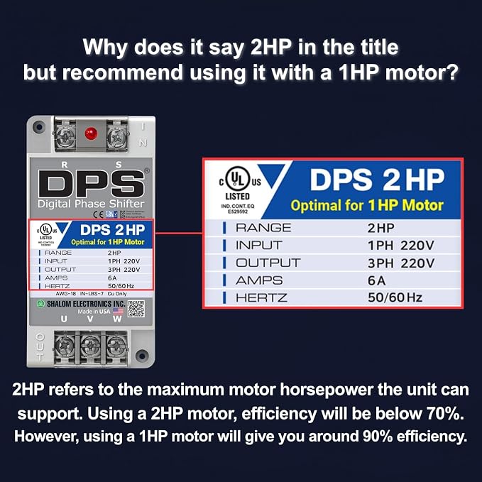 American DPS Single Phase to 3 Phase Converter, 2HP, 6A, Input/Output 200V - 240V, Digital Phase Shifter, Must Be Used for 1HP(0.75kW) 3A Motor, DPS Must Be Used for 1 Motor Only, UL-Listed