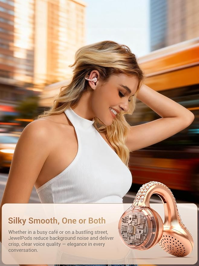 JewelPods C01Pro Open Ear Headphones, Luxury Jewelry Earbuds, Rose Gold | Clip-On Wireless Bluetooth Earbuds Secure, Lightweight, Premium Audio-Water Resistant-Up to 72 hrs Play,Gift for Her