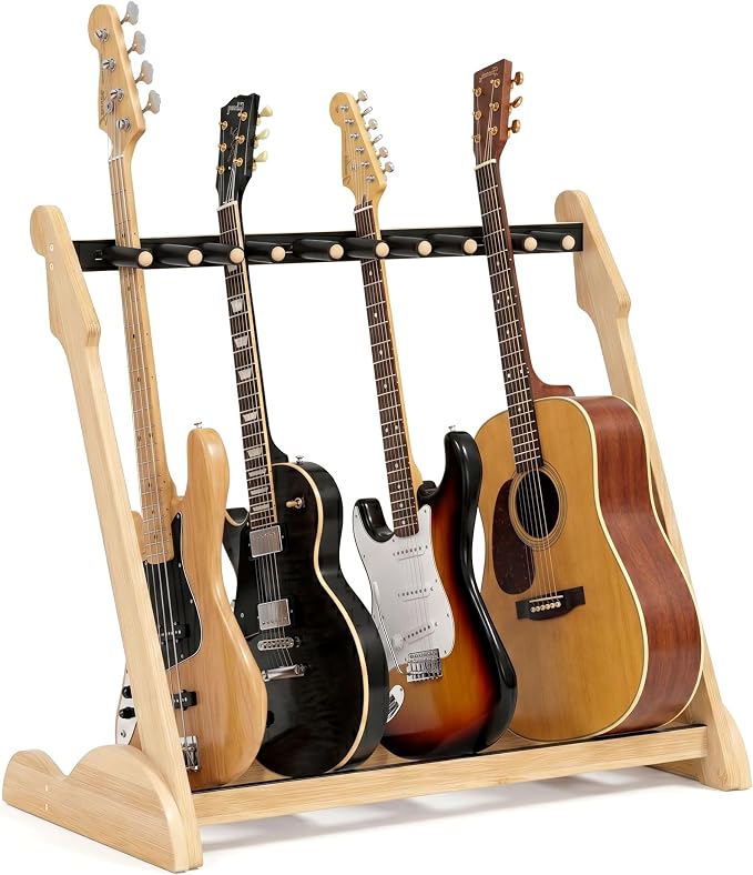 Guitar Stand Rack, Multi-Guitar Display Rack Adjustable Bamboo Guitars Holder Electric Guitar Stands Floor Storage for Bass Acoustic, Home Studio, Band Stage (Natural-B)